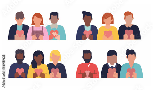 Friends holding heart vector set for charity help and relationship support