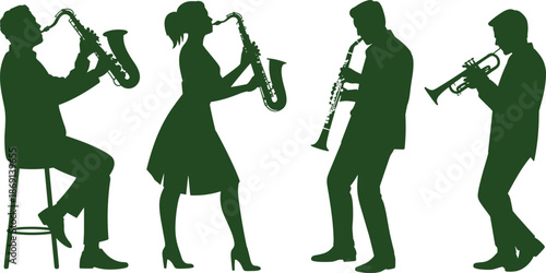 Jazz musician silhouette collection featuring saxophone and trumpet players performing live, male and female band members, black vector illustration for music, concert