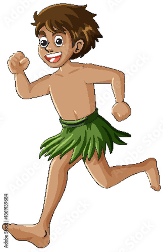 Smiling Boy Running in Grass Skirt Cartoon Style