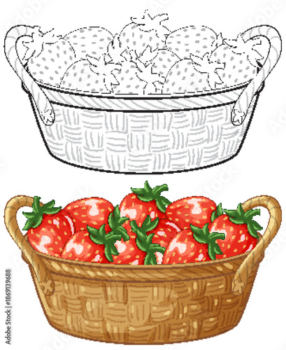 Woven Basket Filled with Fresh Red Strawberries Vector Illustration