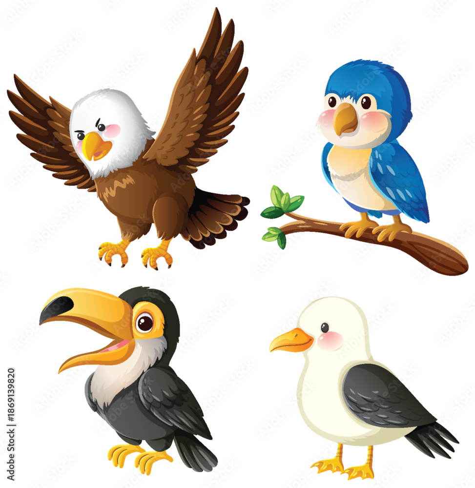 Fototapeta premium Colorful Cartoon Birds in Various Poses and Expressions
