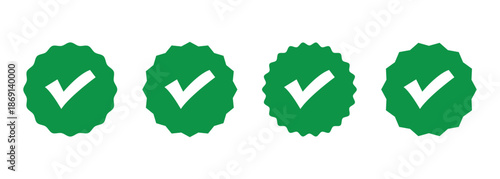 Green starburst set with a white checkmark symbol used for verification, success, completion or verified status.