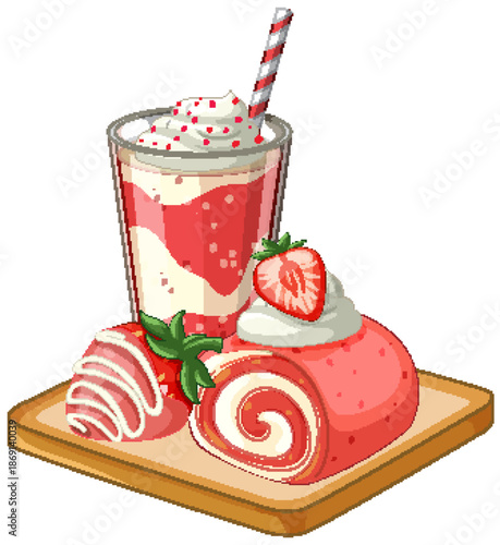 Strawberry Dessert Set with Milkshake Swiss Roll and Chocolate Dipped Berry