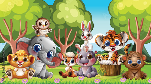 Cute Baby Animals Gathering in Cartoon Forest Scene