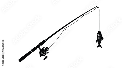A fishing rod with a caught fish a striking black silhouette
