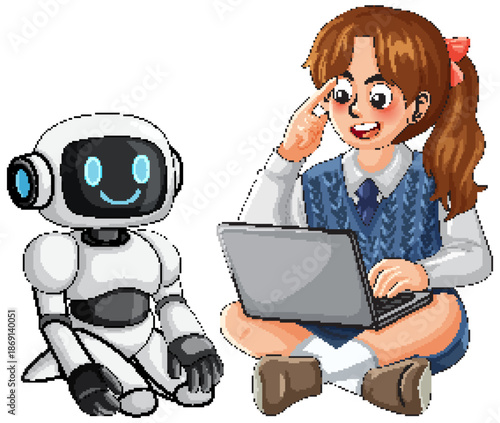 Schoolgirl Learning with Friendly Robot and Laptop Computer