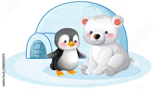 Cartoon Penguin and Polar Bear Sitting by Igloo