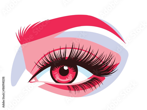 Vivid red eye graphic featuring lush eyelashes and defined eyebrow	