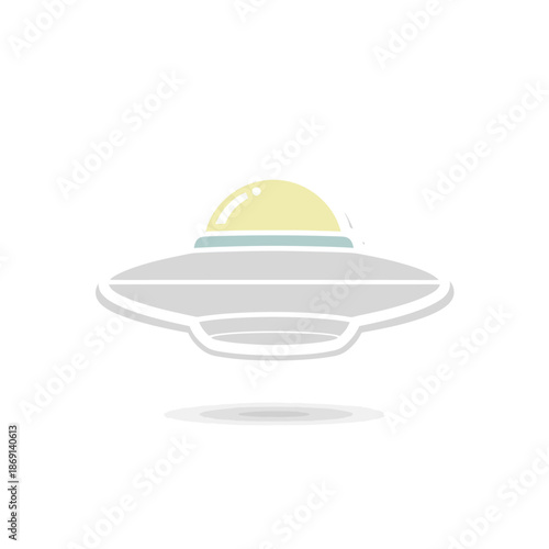 Cartoon UFO Flying Saucer Spaceship with Yellow Dome on White Background