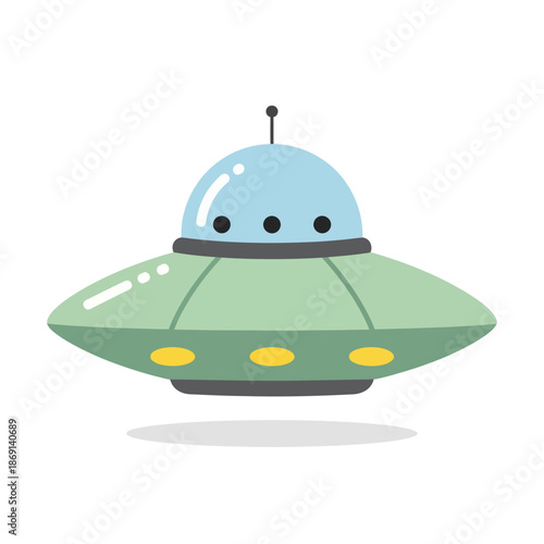 Cute cartoon flying saucer UFO, green alien spaceship with blue dome and yellow lights, isolated on white.