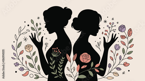Two female silhouettes stand back to back surrounded by an abundance of colorful flowers and leaves