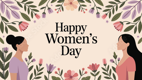 Two stylized women silhouettes face each other, surrounded by a delicate floral frame celebrating Womens Day