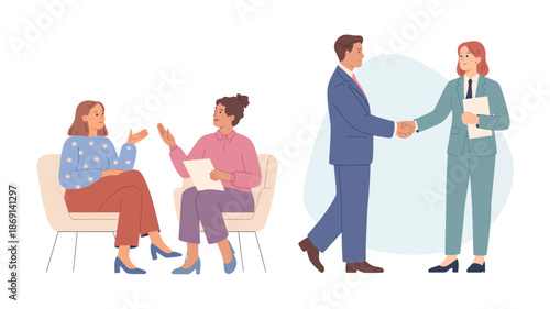 Two women engage in conversation while a man and woman complete a successful business handshake