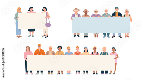 Various groups of diverse people stand together holding large blank banners ready for messages