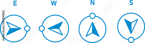 Modern UI Compass Icons Blue Monoline Directional Arrows for North, South, East, West in Digital Maps and App Navigation