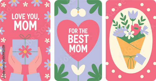 Vibrant Mothers Day cards with loving messages, gifts, and flowers, celebrating maternal appreciation