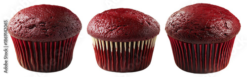 Red velvet cupcake with rich texture and deep color in red wrapper, isolated on white transparent background