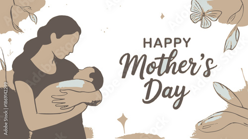 Warm Mothers Day illustration showing a loving mother gently cradling her newborn baby