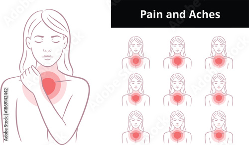 Woman holding her neck showing localized pain with other human figures displaying various aches