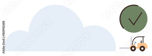 Cloud computing, logistics, data synchronization, inventory management, supply chain, efficiency. A forklift below a green checkmark, cloud outline in the background. Cloud computing and logistics
