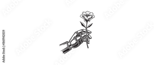 Robotic hand holding a delicate rose in a black and white sketch