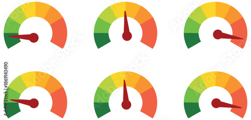 Performance meter set including speedometer, risk, and rating gauges, vector illustration for business analytics, dashboard design, KPI tracking, performance evaluation, and data visualization project