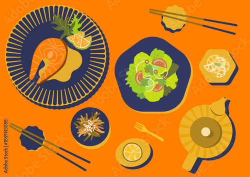 料理とお皿と急須　