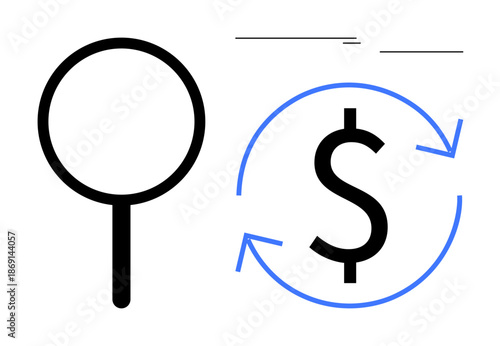 Magnifying glass near dollar sign encircled by arrows symbolizing money flow, financial analysis, profit, economy, commerce, savings. Ideal for economy, banking business marketing funding. Simple
