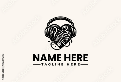 Black and white illustration of a stylized head wearing headphones with a vinyl record and musical notes, set against a clean background with space for a logo and tagline.