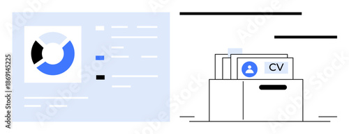 Data management concept. Data visualizations illustrate analysis and insights while organized CV filing supports recruitment efficiency. Data-driven hiring and analytics. Ideal for HR, business