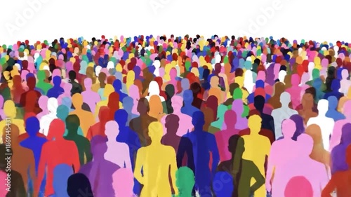 A vast, diverse crowd of abstract, colorful human figures against a bright white background