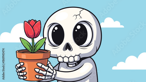 A cute cartoon skeleton character with large friendly eyes holds up a potted red tulip plant against a cheerful blue sky with clouds.