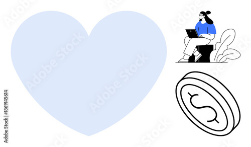 Love and financial concepts. A blue heart care, paired with a dollar coin economic topics. Woman working on a laptop suggests independence. For business, personal finance, branding, online platforms