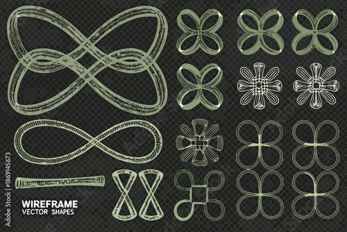Collection of abstract green wireframe vector shapes on dark textured background