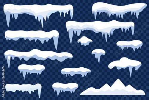 Collection of realistic icicles and snow drifts on transparent background