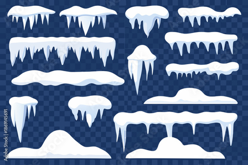 Collection of various icicles and snowdrifts isolated on a transparent background