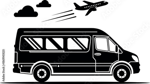Black silhouette of a van with an airplane flying in the background