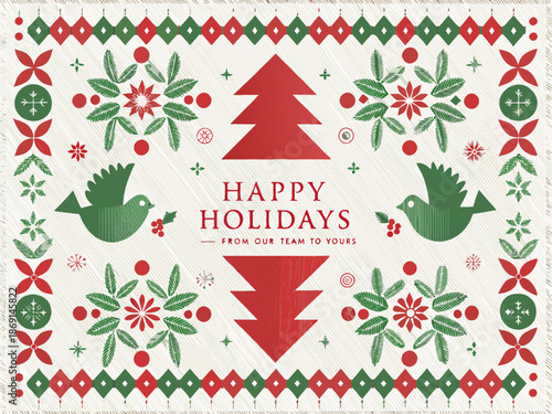 Festive holiday card with christmas tree birds and floral patterns in red and green