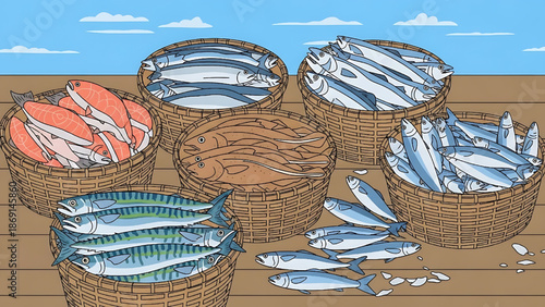Abundance of Freshly Caught Fish in Baskets at a Dockside Market