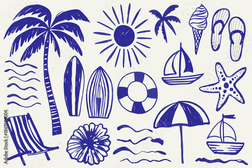 A collection of blue summer doodles depicting beach elements and vacation imagery