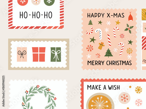 Festive christmas cards and stickers with holiday greetings and illustrations