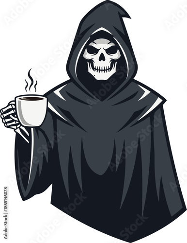An iconic and stylized illustration of the Grim Reaper, cloaked in black, surprisingly holding a steaming cup of coffee or hot beverage.