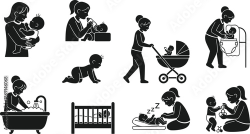Baby care silhouettes, mother holding baby, bottle feeding, stroller, diaper changing, bathing infant, crawling baby, sleeping crib, parenting, childcare, vector illustration