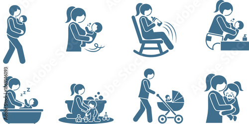 Baby care icons, parent holding baby, bottle feeding, rocking chair, diaper changing, bathing infant, stroller, hugging child, parenting, childcare, vector illustration
