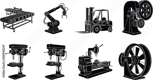 Industrial machines, silhouette illustration, conveyor belt, robotic arm, forklift, mechanical press, drill press, lathe machine.