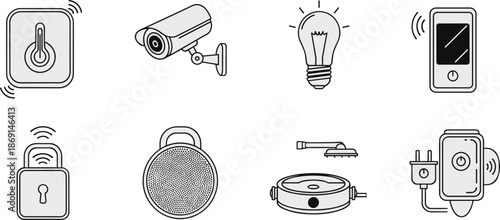Smart home, power button, security camera, light bulb, smartphone, smart lock, smart speaker, robotic vacuum, smart plug, automation, wireless technology, vector illustration