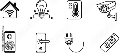 Smart home, Wi-Fi house, connected lighting, thermostat control, surveillance camera, smart speaker, door lock, power plug, remote control, automation, technology, vector illustration