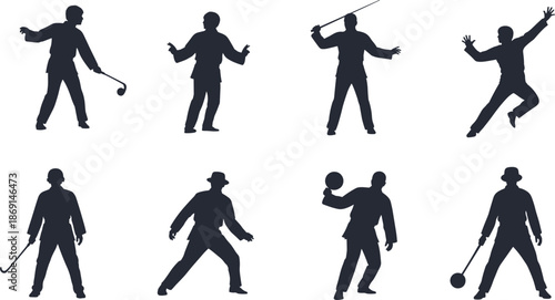 Sports silhouettes, golf swing, martial arts, fencing sword, dancing jump, hockey stick, wide stance, ball throw, croquet mallet, athletic activity, vector illustration
