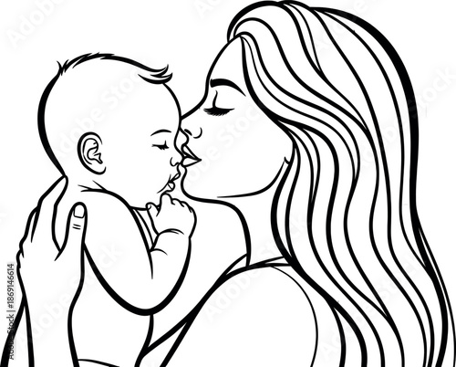 Tender moment of a mother kissing her adorable sleeping baby on the cheek with love and care