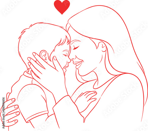 A red line drawing of a mother and child sharing a tender moment with a heart above them